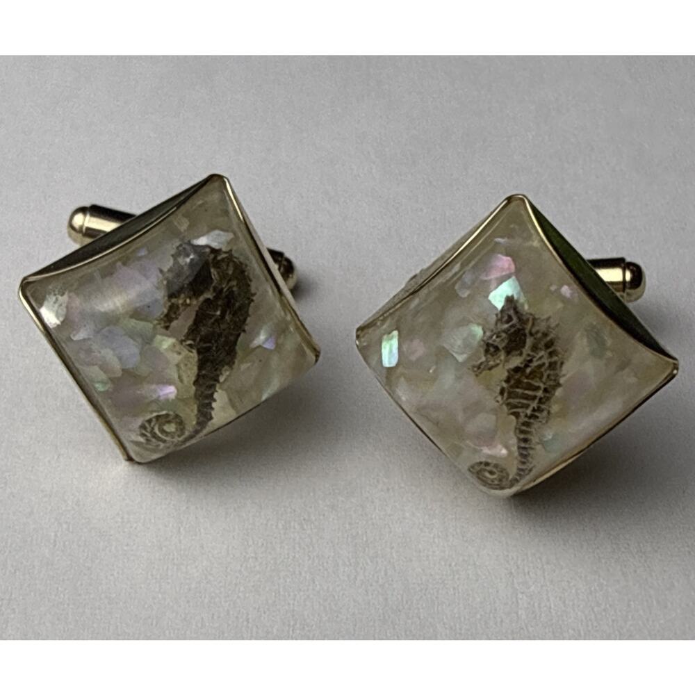 Rare 1960s Genuine Seahorse Confetti Lucite Domed Cuff Links-aquatic Sea Life